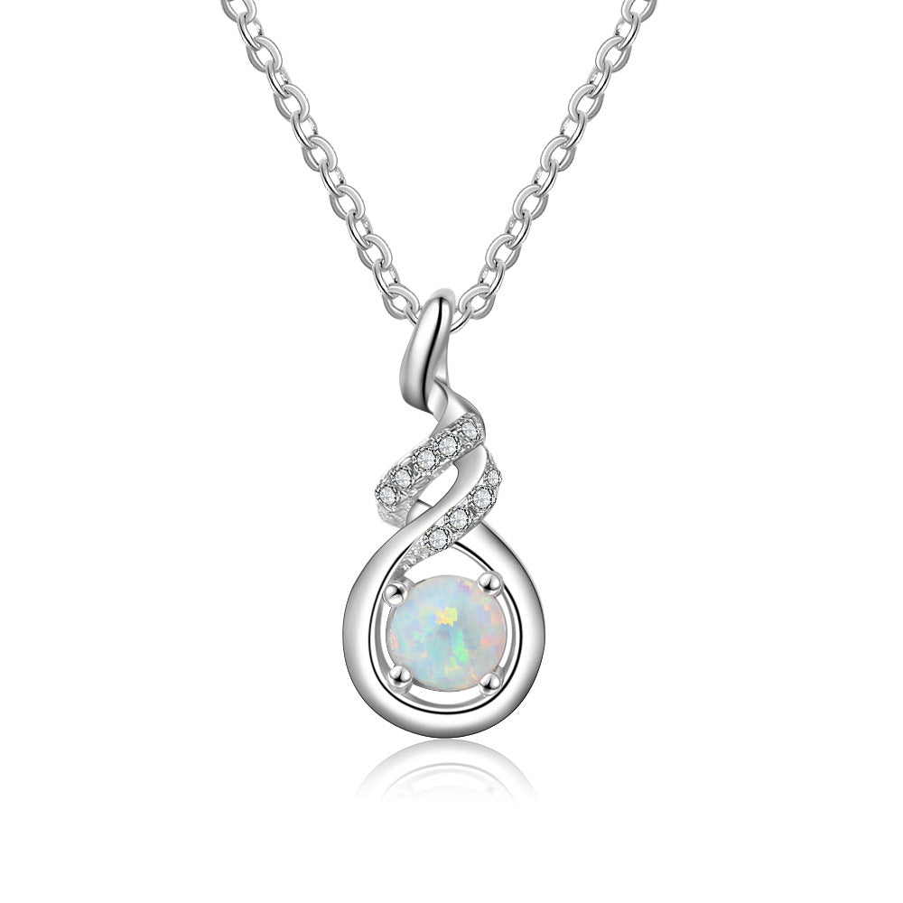 Spiral Water Droplet Round Opal Zircon Sterling Silver Necklace