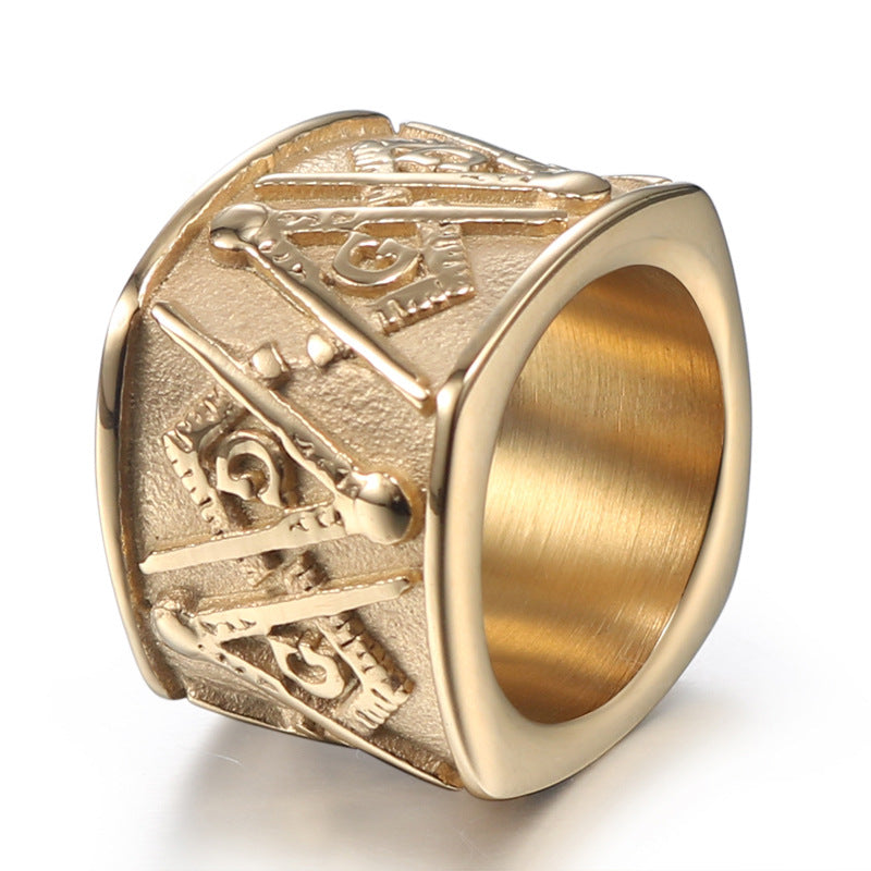 Retro Freemason Logo Titanium Steel Men's Ring - Stylish Gold Stainless Steel Jewelry for Wholesale