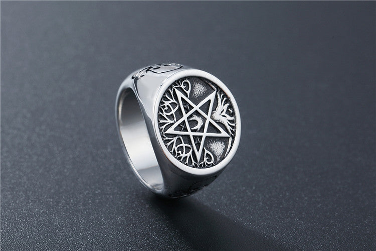 Personality Satan Five Star Tree of Life Titanium Steel Ring for Men