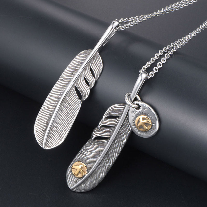 Trendy Titanium Steel Feather Pendant Set for Men and Women - Fashionable Everyday Necklace