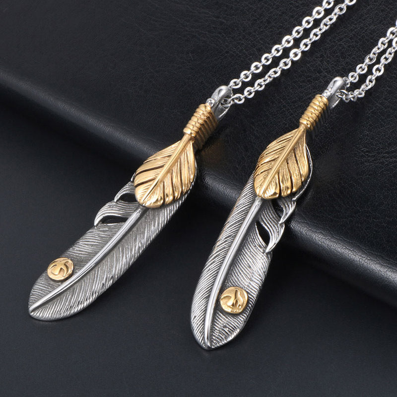 Trendy Vintage Gold Dot Eagle Feather Couple Pendant Necklace for Men and Women