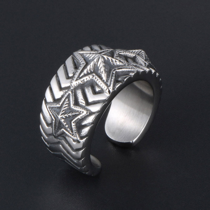 Customizable Titanium Steel Pentagram Ring for Men - Retro Wide Surface Jewelry