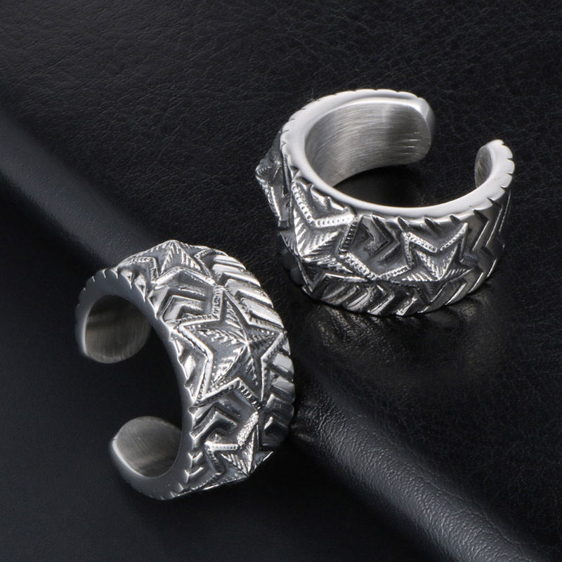 Customizable Titanium Steel Pentagram Ring for Men - Retro Wide Surface Jewelry