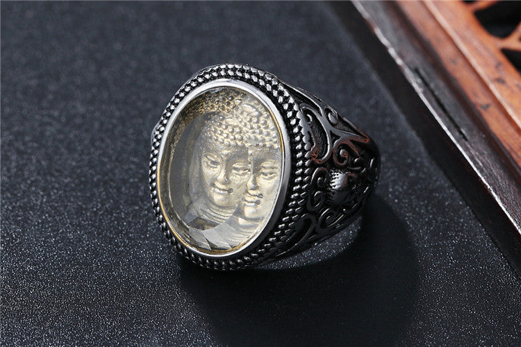 Retro Rulai Buddha Head Titanium Steel Ring - European and American Wholesale Jewelry