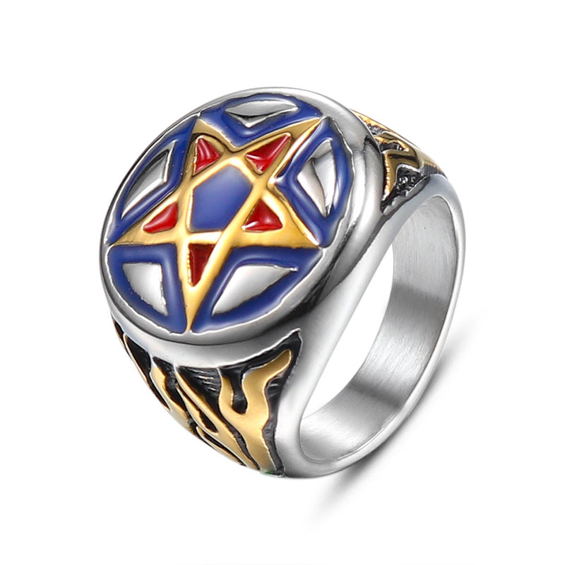 Stainless Steel Retro Star Epoxy Men's Personalized Ring in Titanium Steel