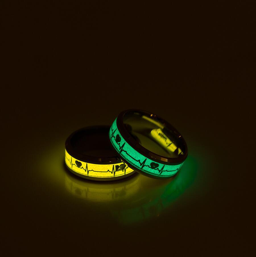 Glowing Heartbeat Electrocardiogram Couple Rings - Vibrant Orange and Blue Night Shades