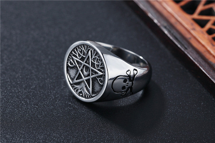 Personality Satan Five Star Tree of Life Titanium Steel Ring for Men