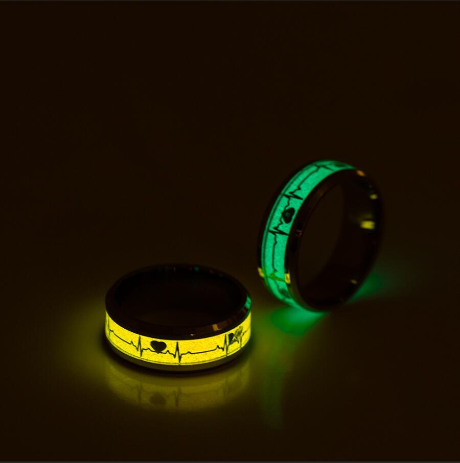 Glowing Heartbeat Electrocardiogram Couple Rings - Vibrant Orange and Blue Night Shades