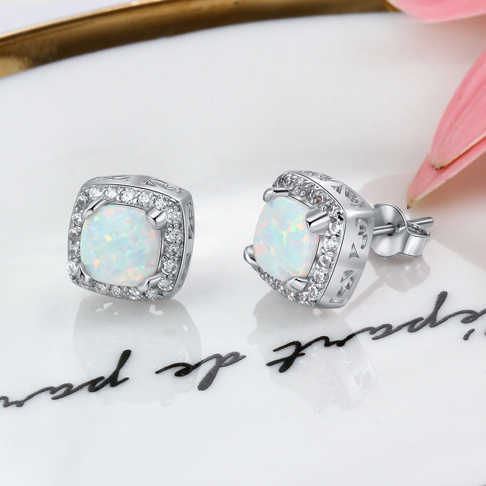 Round Opal Square Zircon Soleste Halo Sterling Silver Stud Earrings