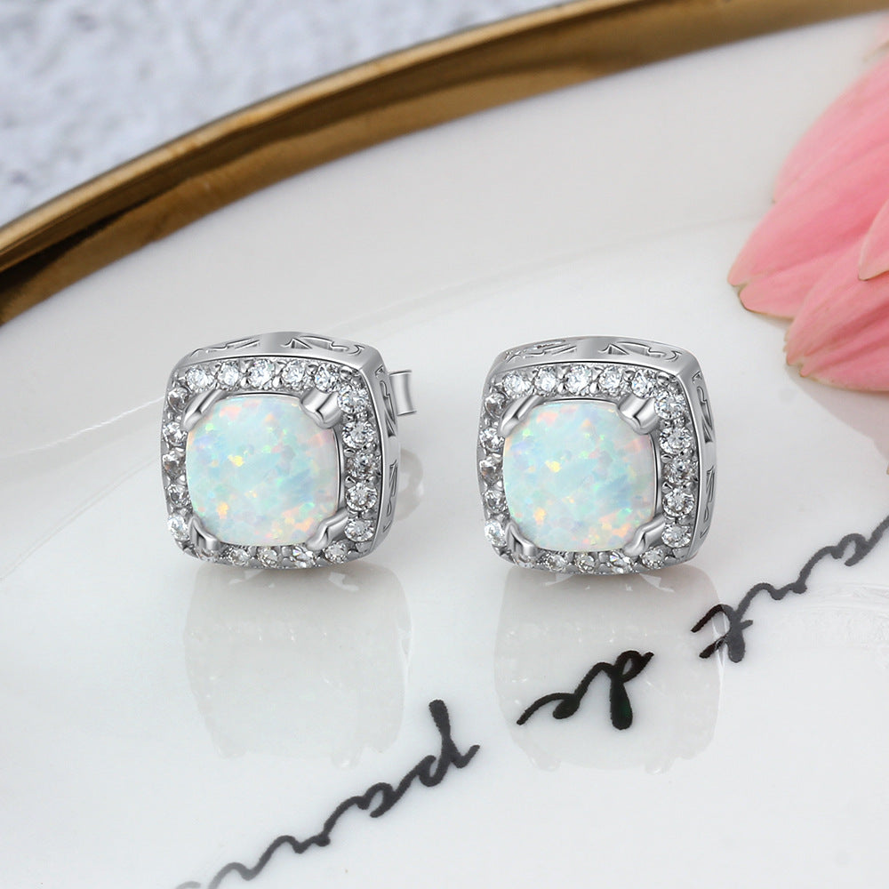 Round Opal Square Zircon Soleste Halo Sterling Silver Stud Earrings