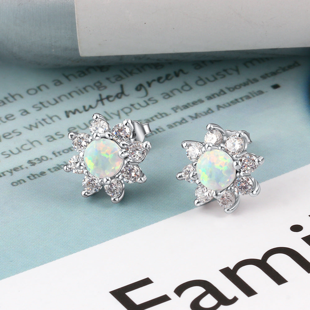 Round Opal Zircon Eight Petal Flower Sterling Silver Stud Earrings