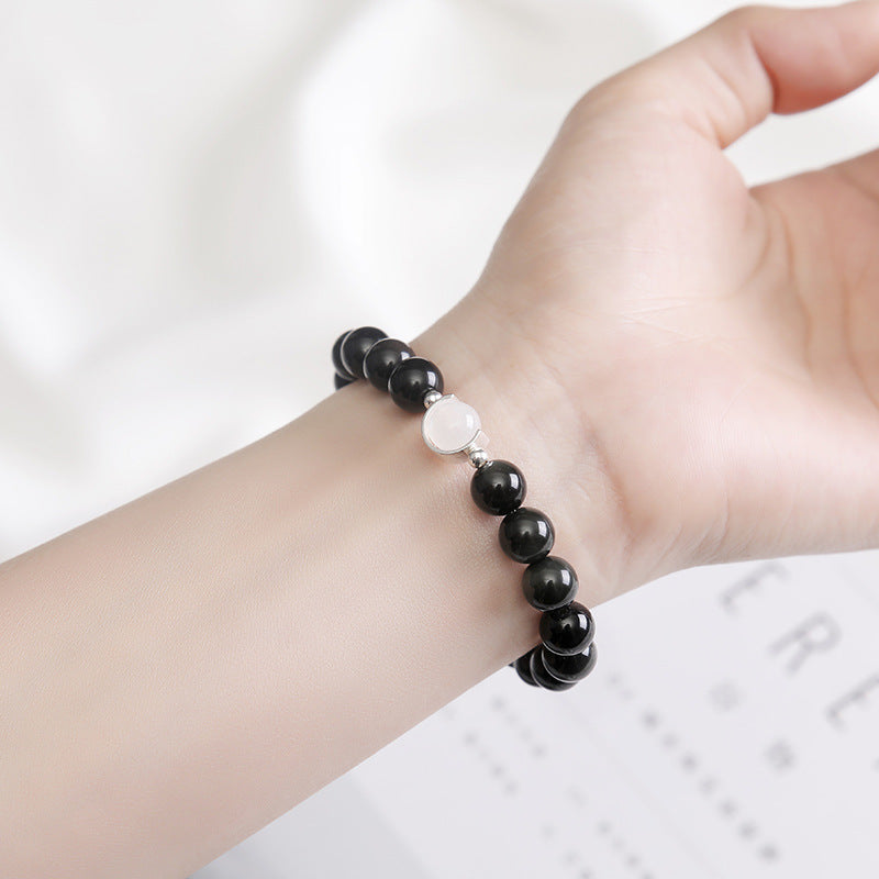 Sterling Silver Obsidian and Moonlight Stone Bracelet - Unisex Couple's Commemorative Gift