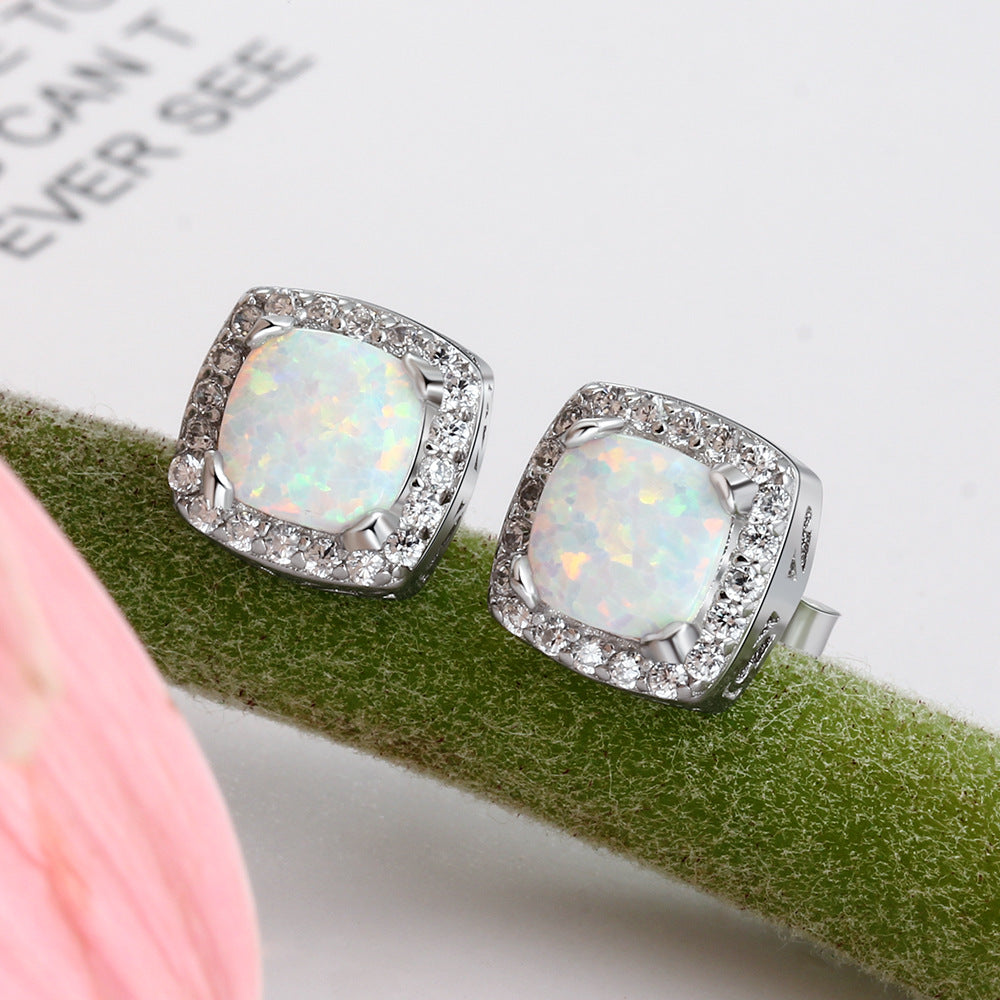 Round Opal Square Zircon Soleste Halo Sterling Silver Stud Earrings