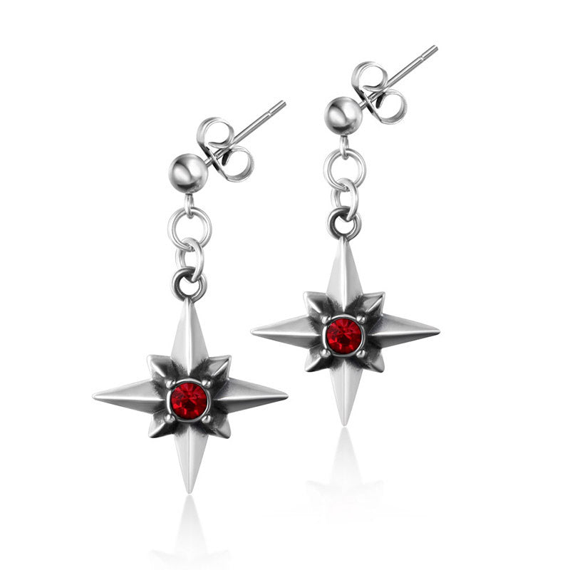 Chic Titanium Steel Star Flower Stud Earrings with Vibrant Red Zircon for All Genders