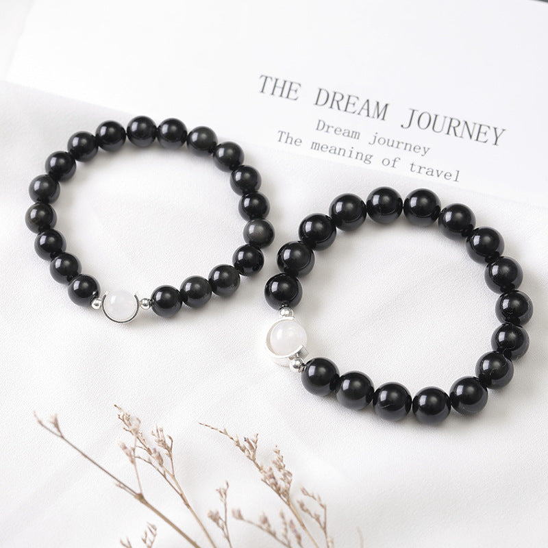 Sterling Silver Obsidian and Moonlight Stone Bracelet - Unisex Couple's Commemorative Gift