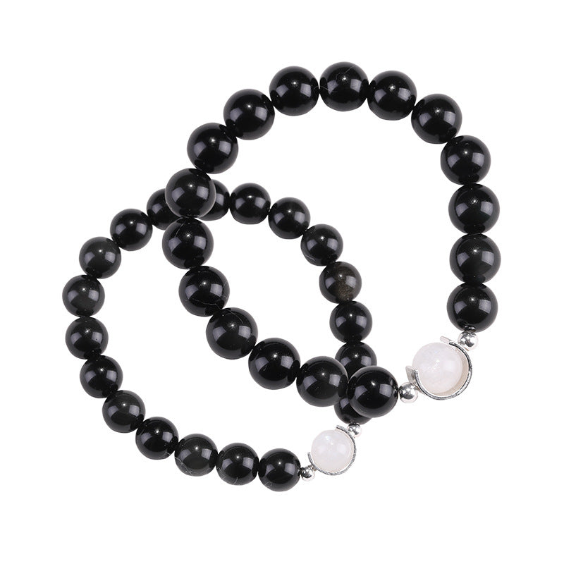 Sterling Silver Obsidian and Moonlight Stone Bracelet - Unisex Couple's Commemorative Gift