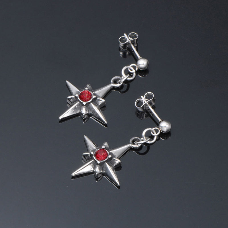 Chic Titanium Steel Star Flower Stud Earrings with Vibrant Red Zircon for All Genders