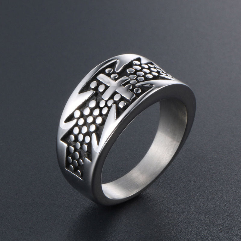 Trendy Men's Polka Dot Titanium Steel Cross Ring - Cool Dance Jewelry for Fashion-forward Individuals