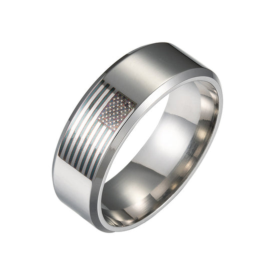 American Flag Stainless Steel Ring - Wide Band Patriotic Men's Jewelry