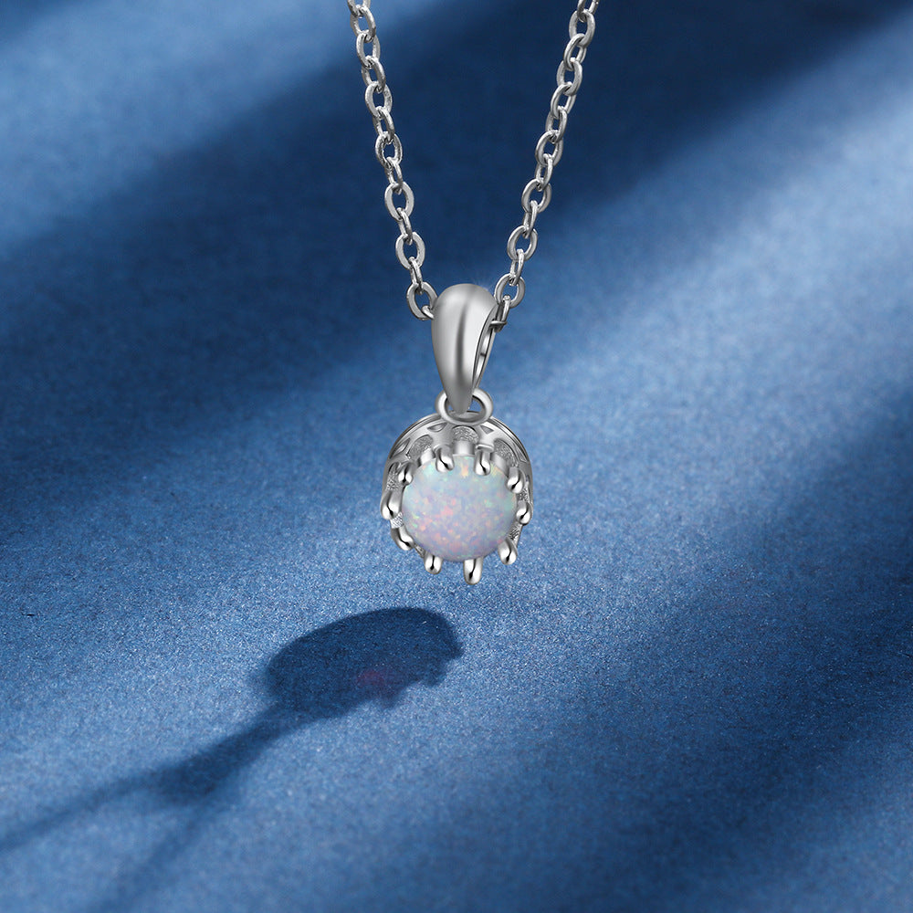 Crown Shape Prongs Round Opal Sterling Silver Necklace