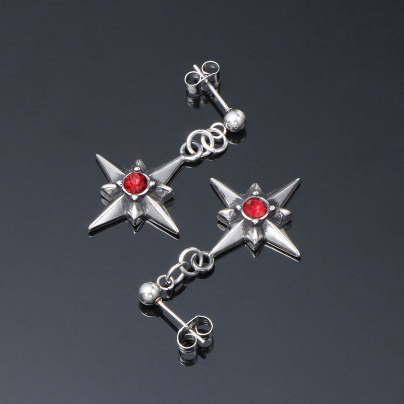 Chic Titanium Steel Star Flower Stud Earrings with Vibrant Red Zircon for All Genders