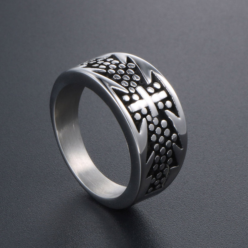 Trendy Men's Polka Dot Titanium Steel Cross Ring - Cool Dance Jewelry for Fashion-forward Individuals