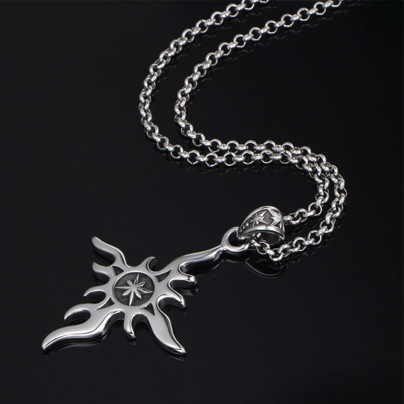 Titanium Steel Punk Cross Pendant Necklace for Men - Trendy Flame Sun Design