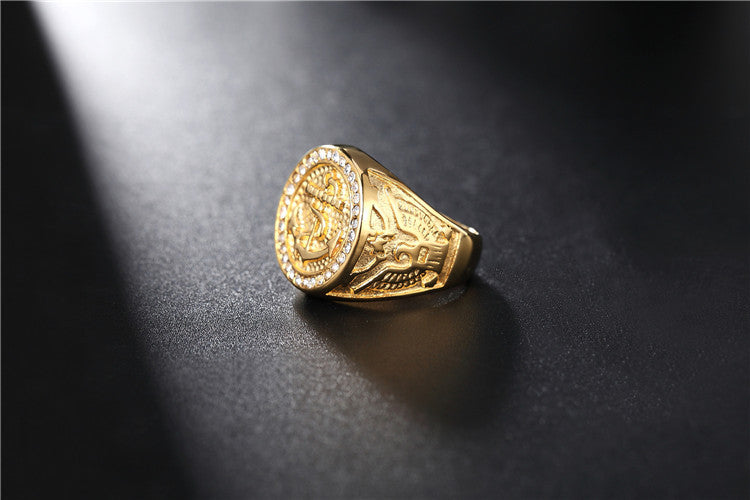 Elegant Double Eagle Boat Anchor Gold Ring with Zircon Inlay