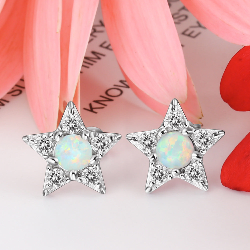 Round Opal Zircon Star Sterling Silver Stud Earrings