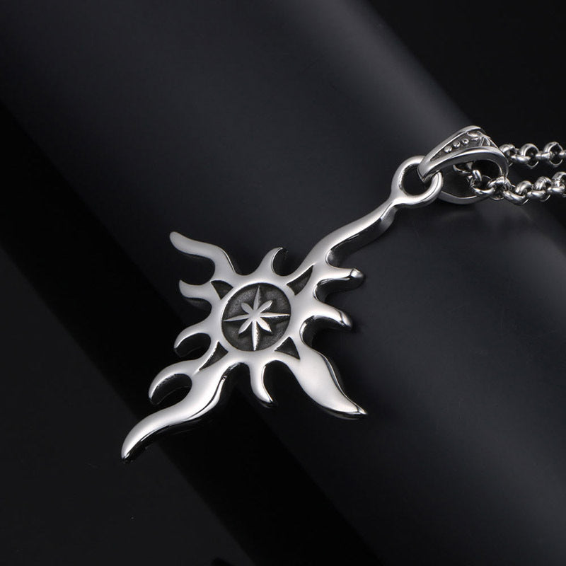 Titanium Steel Punk Cross Pendant Necklace for Men - Trendy Flame Sun Design