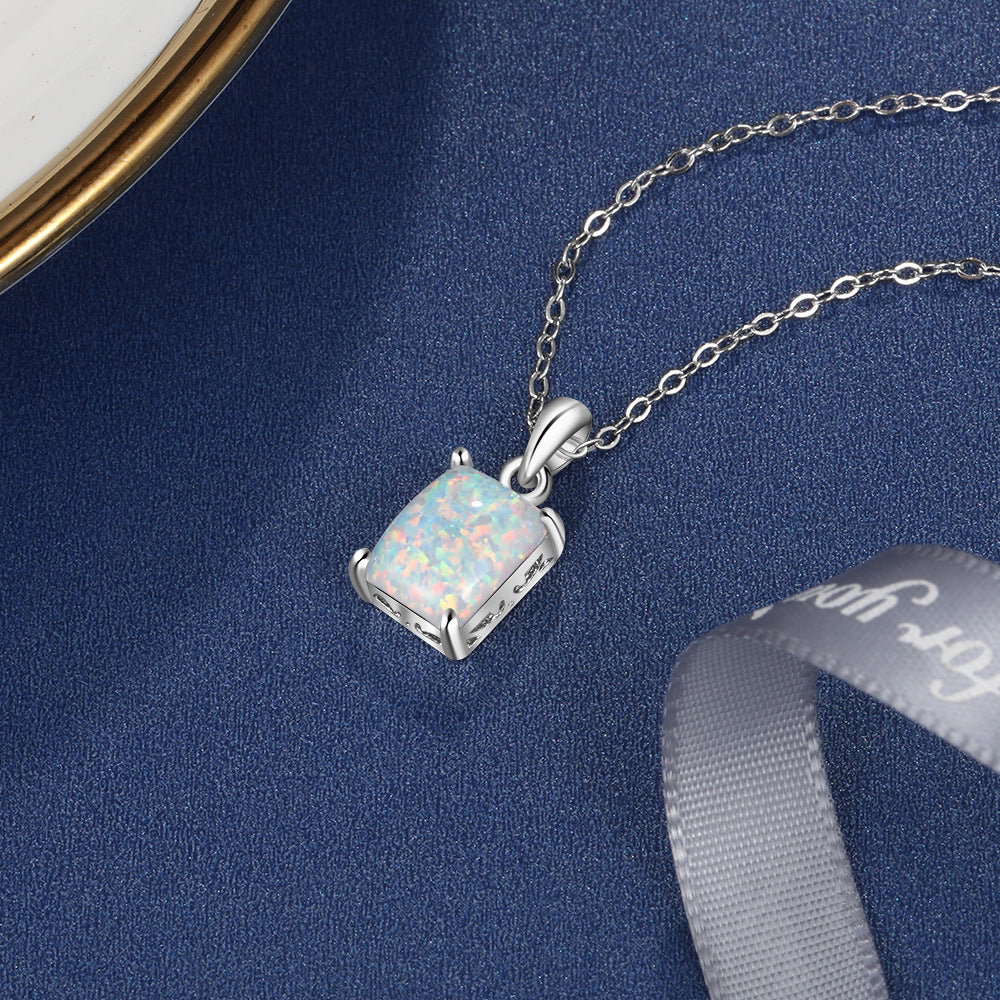 Solitaire Rectangle Opal Sterling Silver Necklace