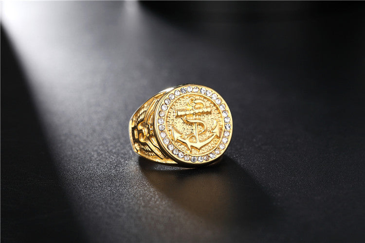 Elegant Double Eagle Boat Anchor Gold Ring with Zircon Inlay