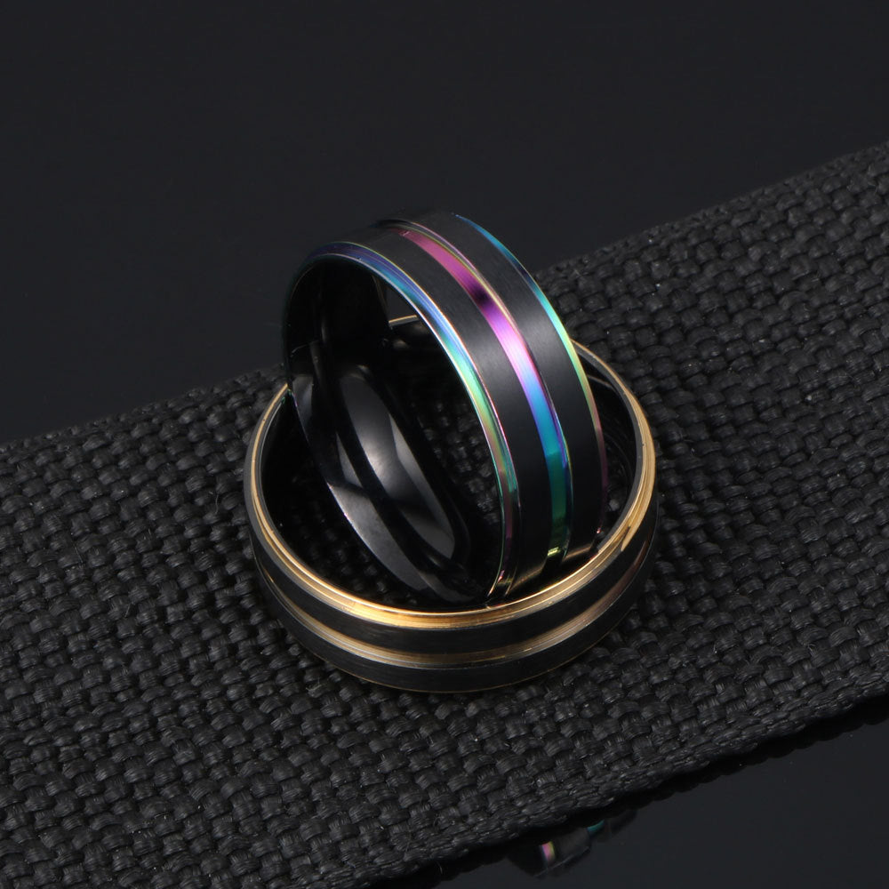 Colorful Electroplated Titanium Steel Men's Ring - European and American Fashion Gradual Change Design