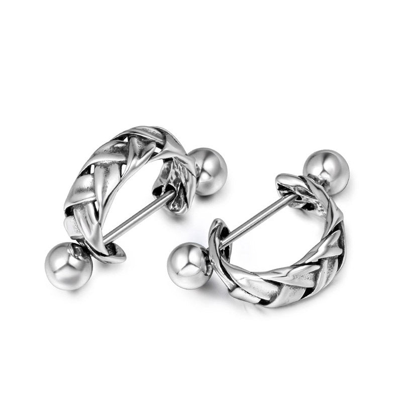 Bold Woven Rock-Style Stud Earrings for Men - European and American Fashion