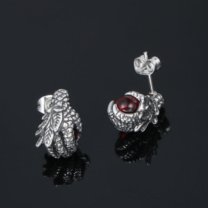 Punk Dragon Claw 3D Earrings with Ruby Accents for Bold Couples