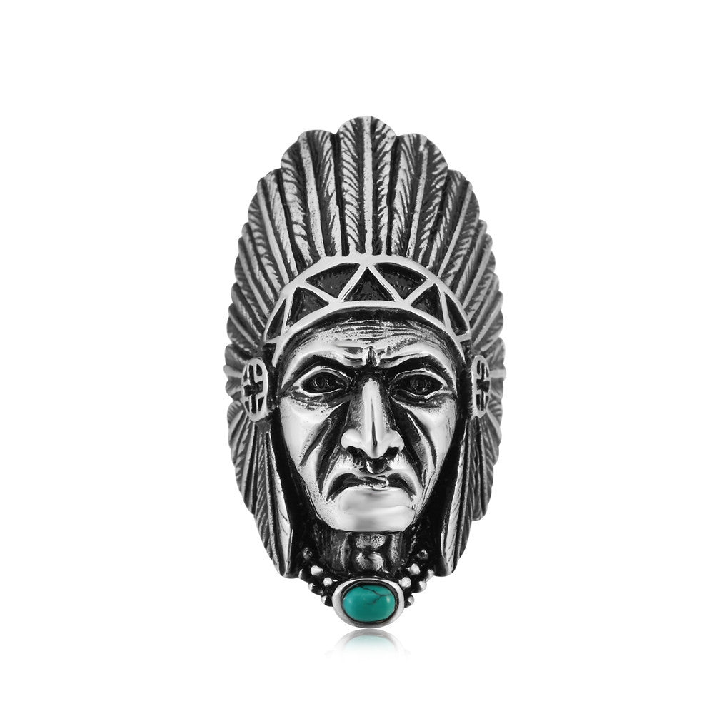 Indian Tribal Chief Green Stone Titanium Steel Ring for Men