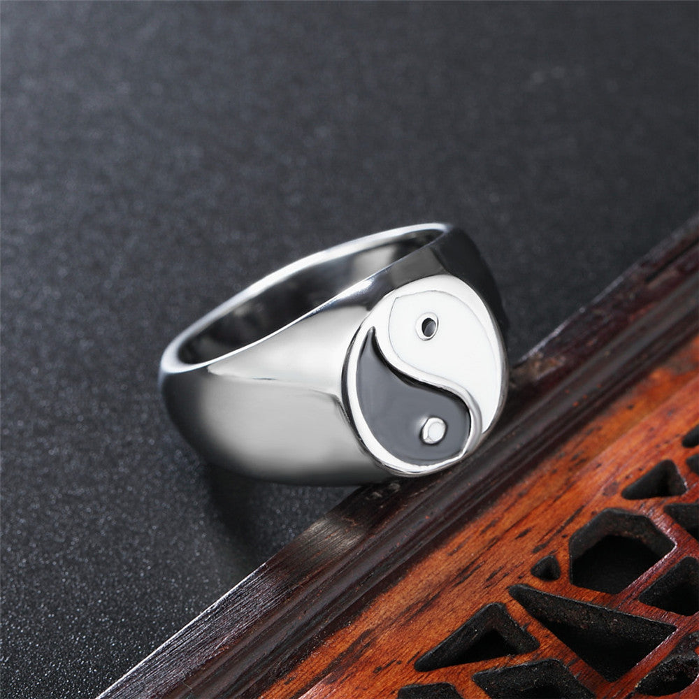 Yin Yang Bagua Black and White Men's Titanium Steel Ring