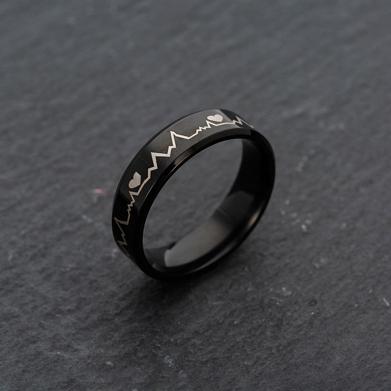 Heartbeat Electrocardiogram Black Stainless Steel Ring - Men's Wholesale Jewelry