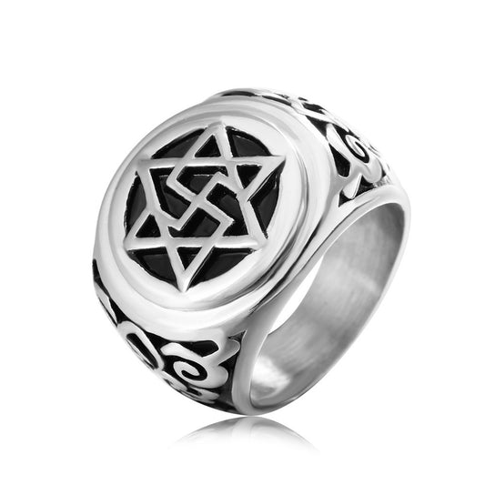 Fashion Judaism Six Pointed Star Auspicious Titanium Steel Ring for Men