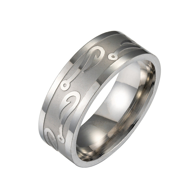 Stylish Stainless Steel Fishhook Ring with Custom Engraving, Minimalist Design - Titanium Jewelry for Men