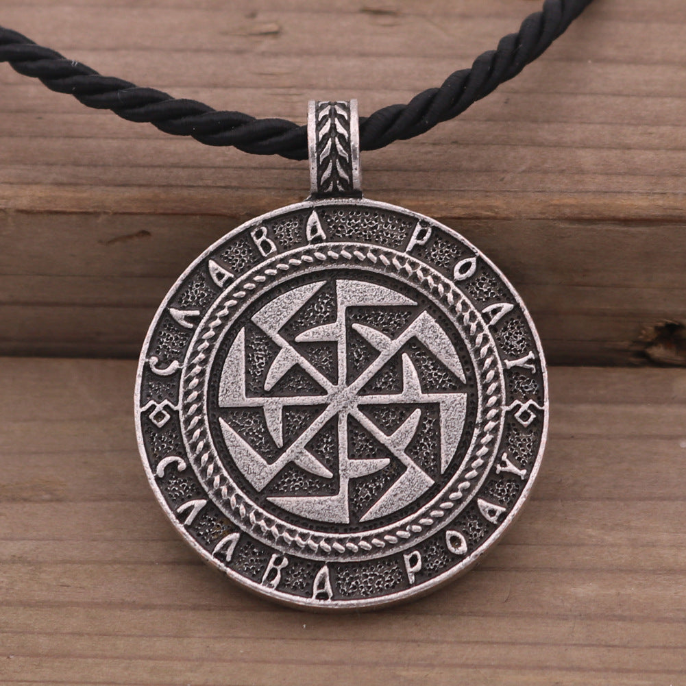 Viking Sun Gear Metal Necklace with Kolovrat Pendant for Men