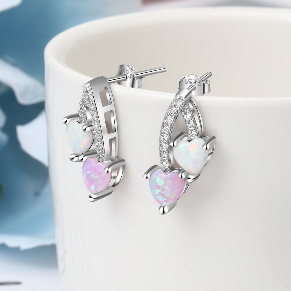 Pink and White Heart Shape Opal Zircon Sterling Silver Earrings