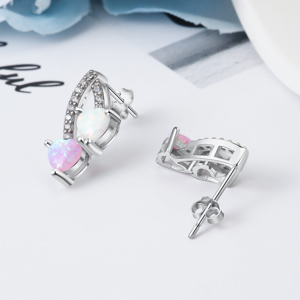 Pink and White Heart Shape Opal Zircon Sterling Silver Earrings