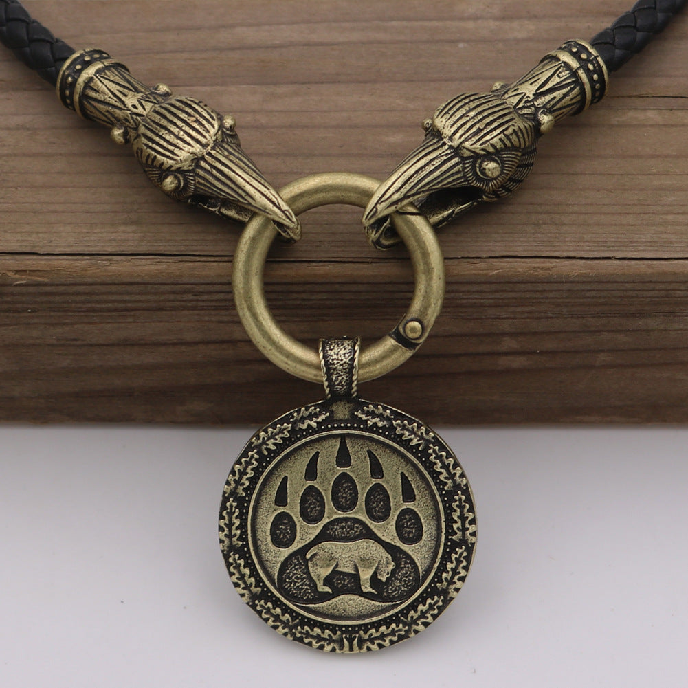 Viking Wolf Head Necklace with Bear Claw Amulet for Men