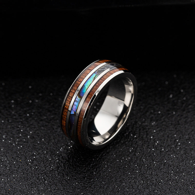 European Style Men's Titanium Steel Ring with Acacia Wood Grain and Abalone Shell