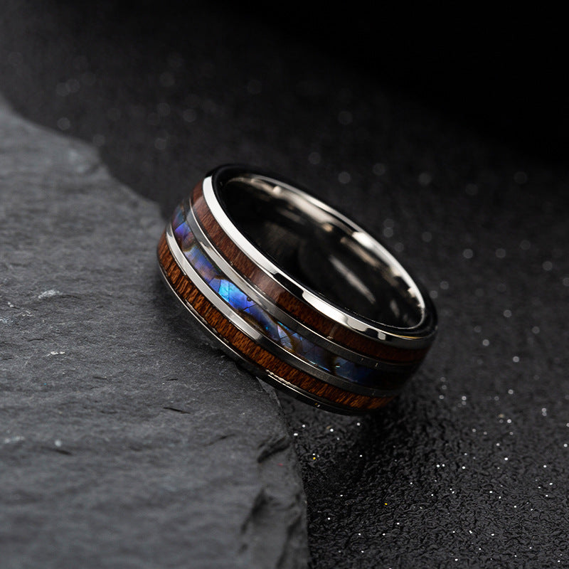 European Style Men's Titanium Steel Ring with Acacia Wood Grain and Abalone Shell