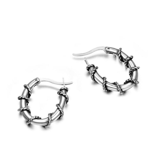 Retro Rattan and Titanium Steel O-Shaped Ear Studs for Men - Stylish Vintage-Inspired Earrings