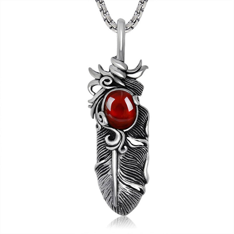 Hipster Fashion Titanium Steel Necklace with Red Stone Feather Pendant for Men