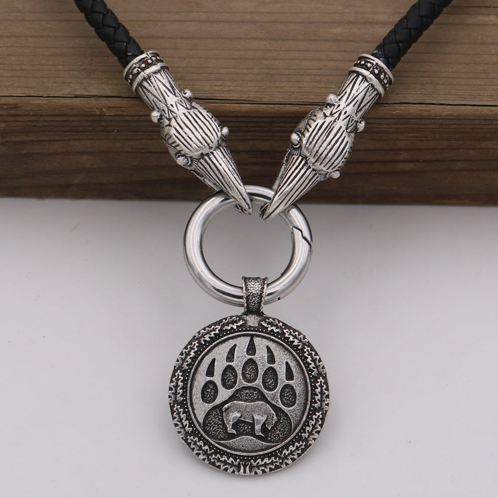 Viking Wolf Head Necklace with Bear Claw Amulet for Men