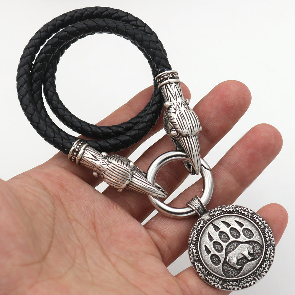 Viking Wolf Head Necklace with Bear Claw Amulet for Men